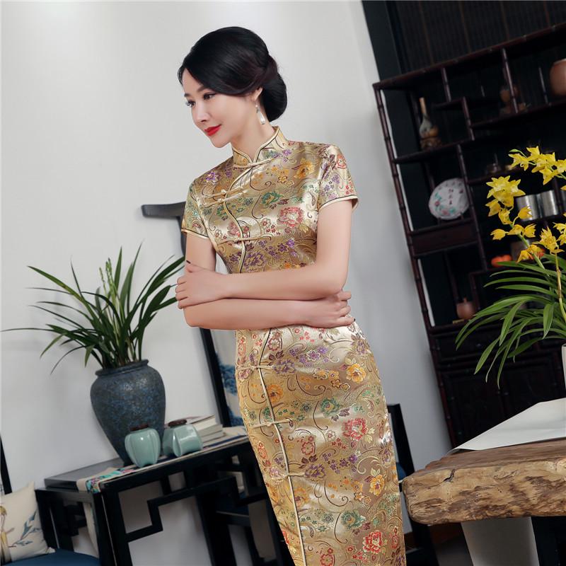 Spandex stand-up collar mid-slit long cheongsam dress women