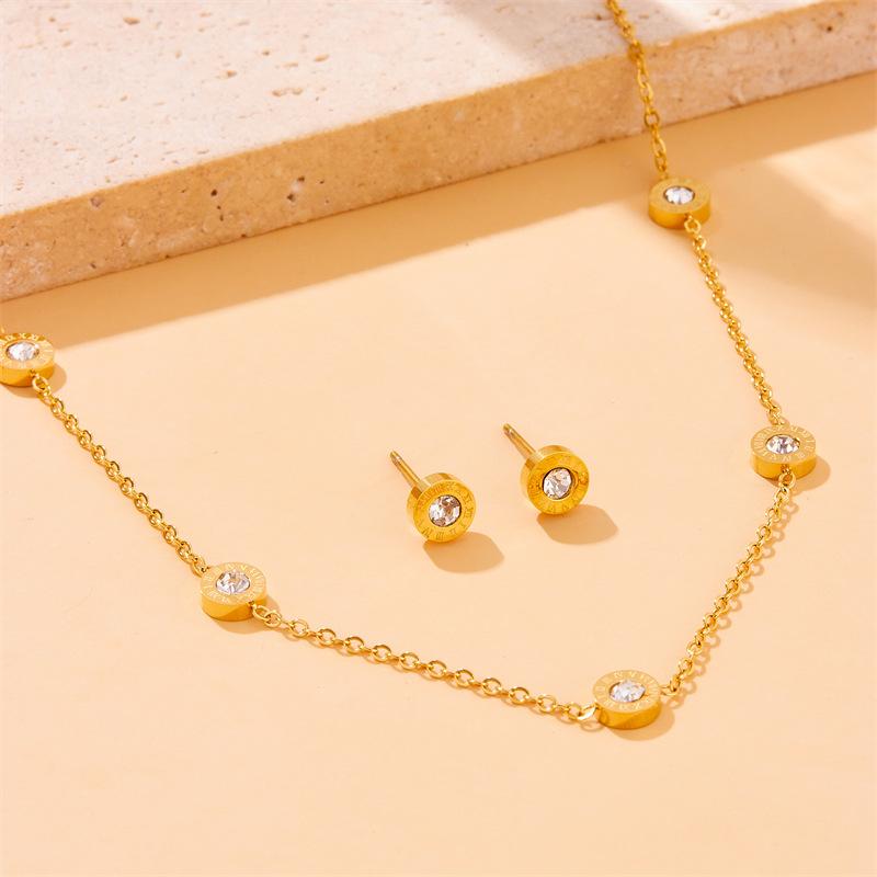 Diamond Roman Numeral Round Medal Chain Set Necklace Earrings Bracelet Gold Jewelry Accessories