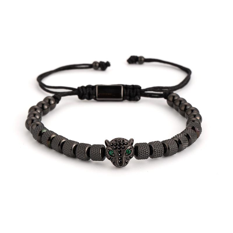 Men's Punk Braided Titanium Steel Bracelet with Leopard Head, Zircon, and Pineapple Beads.