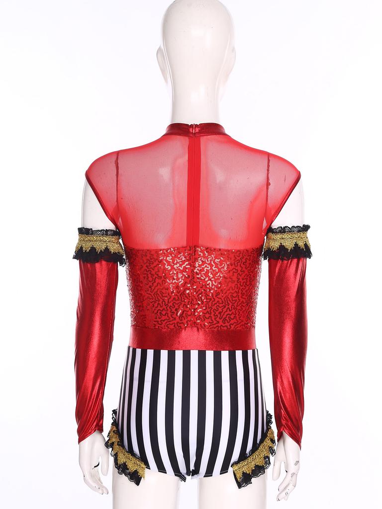 Adult Circus Ringmaster Bodysuit Sequined Patchwork Ruffled Hem Leotard and Metallic Gloves for Halloween Dress Up Party