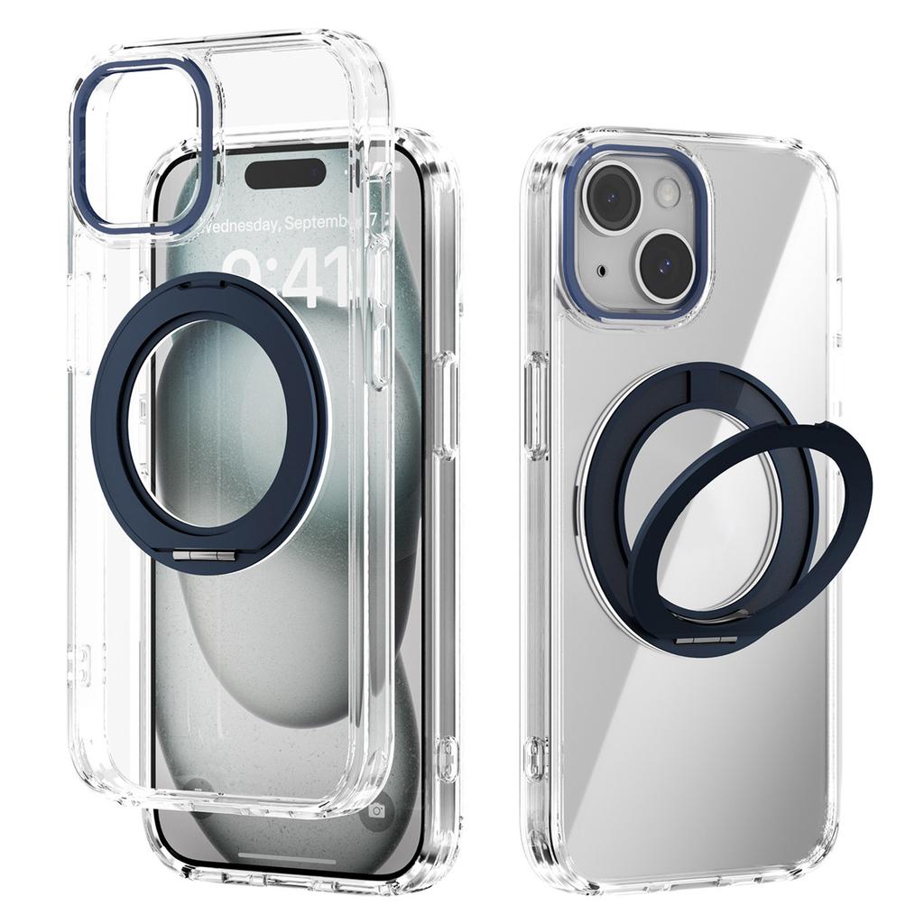 ABEEL Q-LUCK Para iPhone 15 Funda Magnética Soporte Giratorio Resistente a Golpes TPU + PC Cubierta Trasera del Teléfono