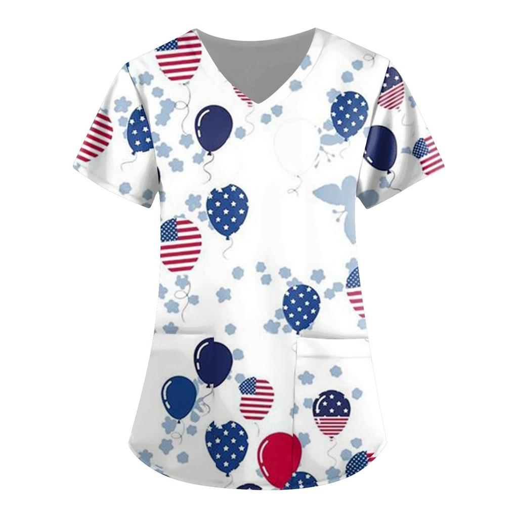 Women's Independence Day Print Short Sleeve V Neck Top Work Pocket Shirt