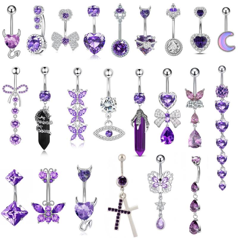1Pcs Purple Zircon Dangle Belly Button Rings Stainless Steel Heart Butterfly Navel Piercing Long Drop Pendant Belly Ring Jewelry