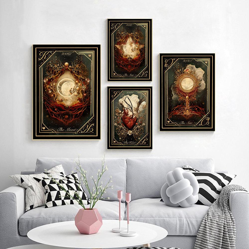 Slunce Měsíc Hvězda Srdce Tarotové karty Obrazy na plátně Obrazy na zeď Umělecké obrazy Vintage Magic Tarot Card Print Painting Kitchen Decor
