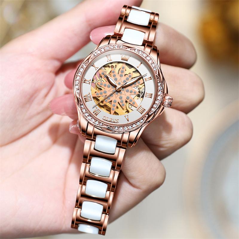 OLEVS Brand Rose Gold Ceramics Automatic Mechanical Women Watch Fashion Ladies Rhinestone Skeleton Luxury Watches Reloj Mujer