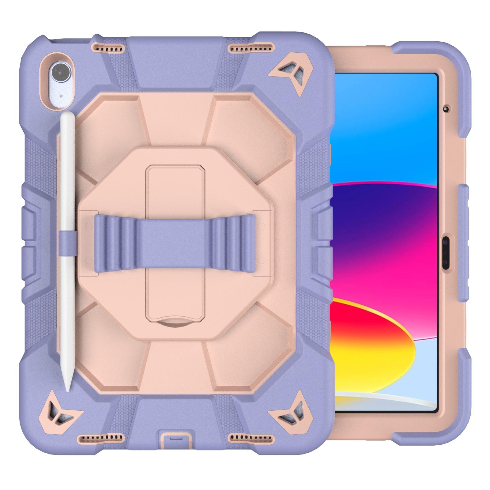 

For iPad (2025)/10.9 (2022) Case with Kickstand Wrist Strap PC+Silicone Tablet Cover Purple+Pink