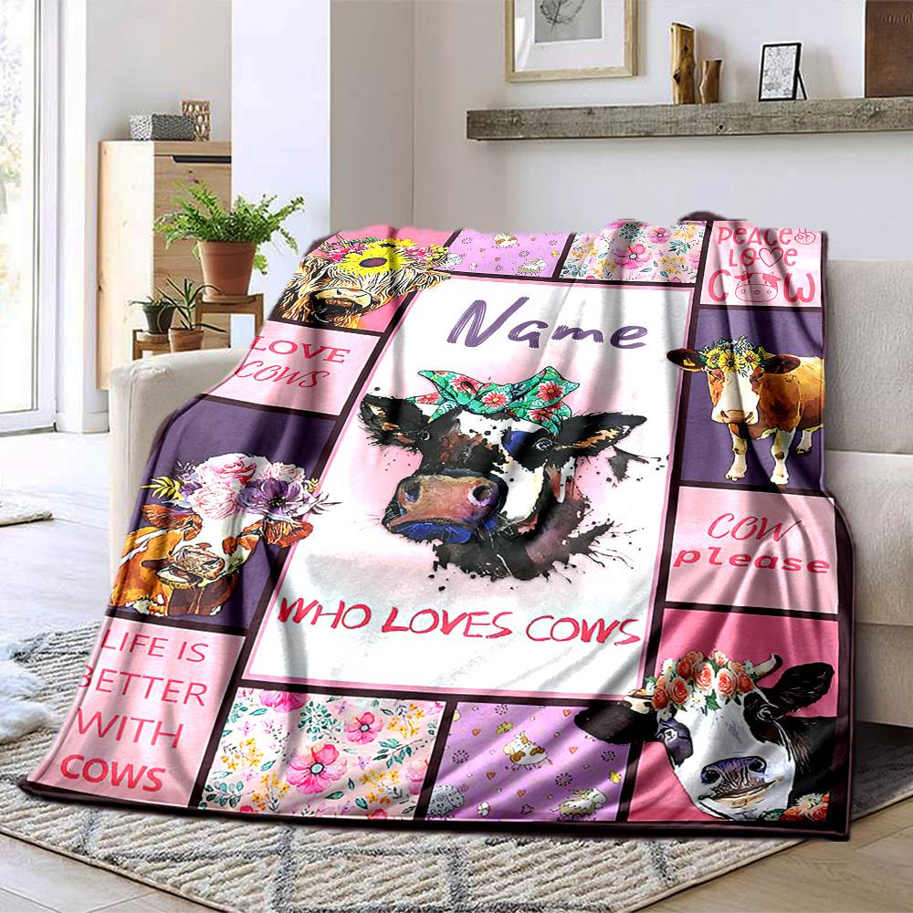 Cow Floral Crown Home Customize Your Name Blankets Comfortable Soft Lightweight Allseason Multipurpose Blanket For Picnics Sofas Offices Beds Living