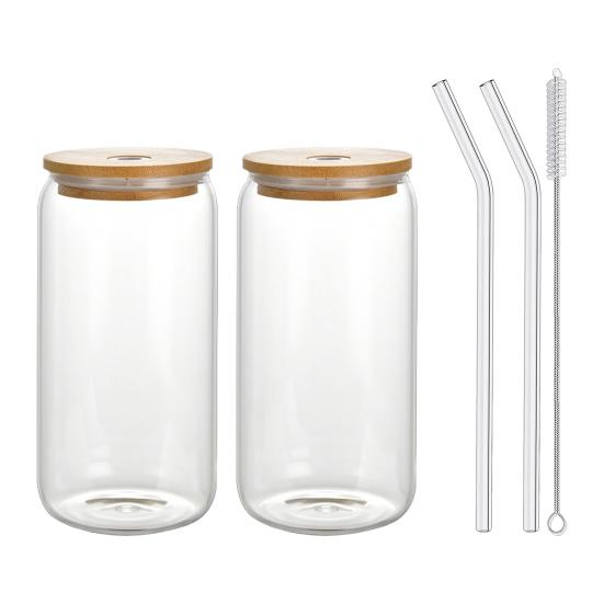Trendy Mason Jar Tumbler Glass Straw Cup with Wood Lid for Cold Drinks 500ml Borosilicate Cup for Soda & Bubble Tea