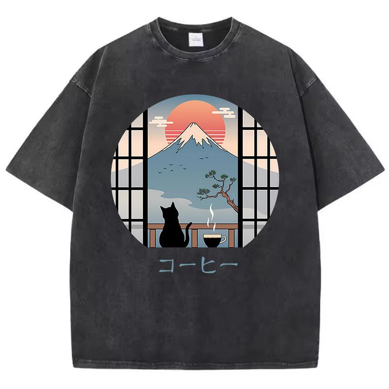 T Shirt Vintage Washed 100% Cotton T-Shirt Japanese Style with Mountain Cat Graphic Tee Casual Streetwear Spring Summer Fall