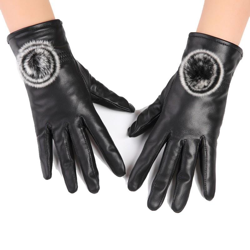 Womens Genuine Sheepskin Gloves Winter Warm Fleece Lined Rabbit Trim Cycling Driving