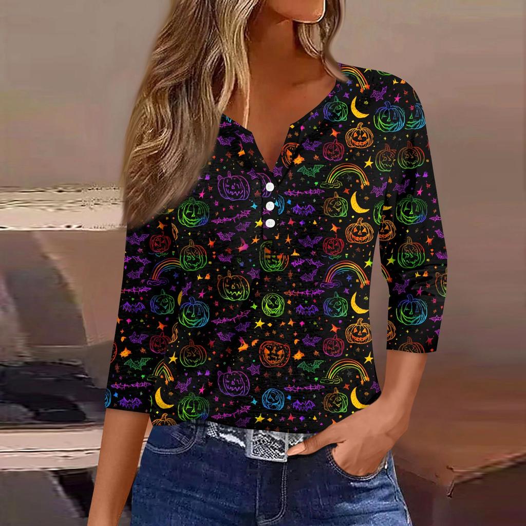 Maglietta da donna con stampa e bottoni, manica 3/4, moda da fine settimana, scollo a V, base, regolare