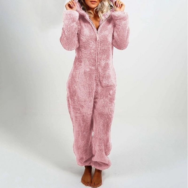 2024 Trendy EU & US Fall/Winter Fleece-Lined Thick Hooded Jumpsuit Pajamas for Women