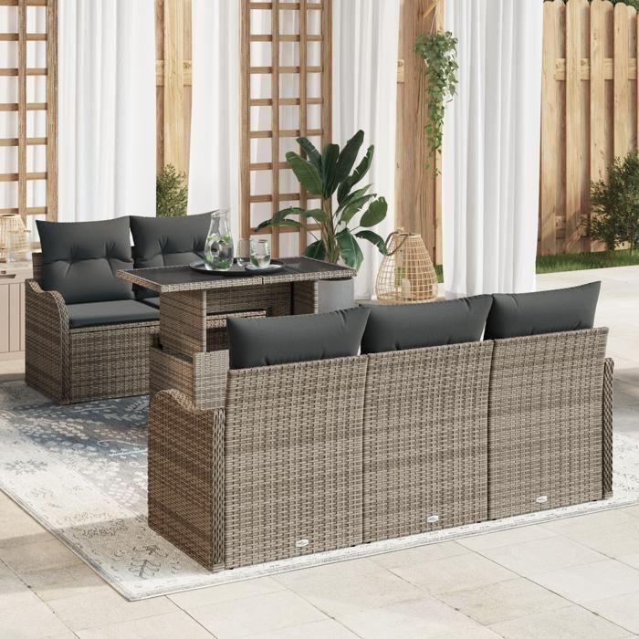 Ensemble de Canapé de Jardin de 6 Pièces avec Coussins en Rattan Gris Poly, Canapé de Jardin 2 Places avec Rangement 3357112