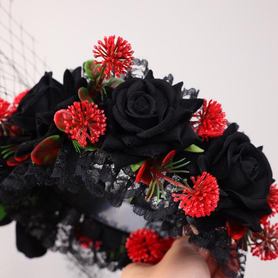 Halloween Rose Flower Headband for Women Gothic Black Lace Red Rose Hairbands Lolita Lace