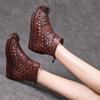 Johnature Genuine Leather Summer Hollow Out Boots Retro Handmade Round Toe Breathable Wedge Sandals Women's Shoes