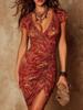 2026 V-Ausschnitt Bodycon Stretch Retro Bedrucktes Minikleid - Europäischer & Amerikanischer Stil, Figurbetont & Sexy