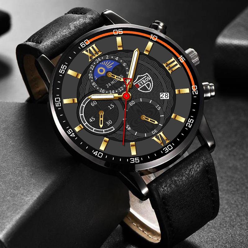 DEYROS Men's Watch Fashion Men's Business Leather Calendar Watch Men's Student Luminous Quartz Watch