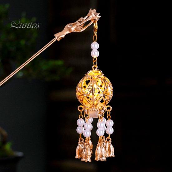 Hair Stick Women Vintage Traditional Chinese Palace Lantern Shape Pendant Faux Pearl Fork Decor Tassel Stainless Exquisite Forks Hanfu Dress Prop Lady