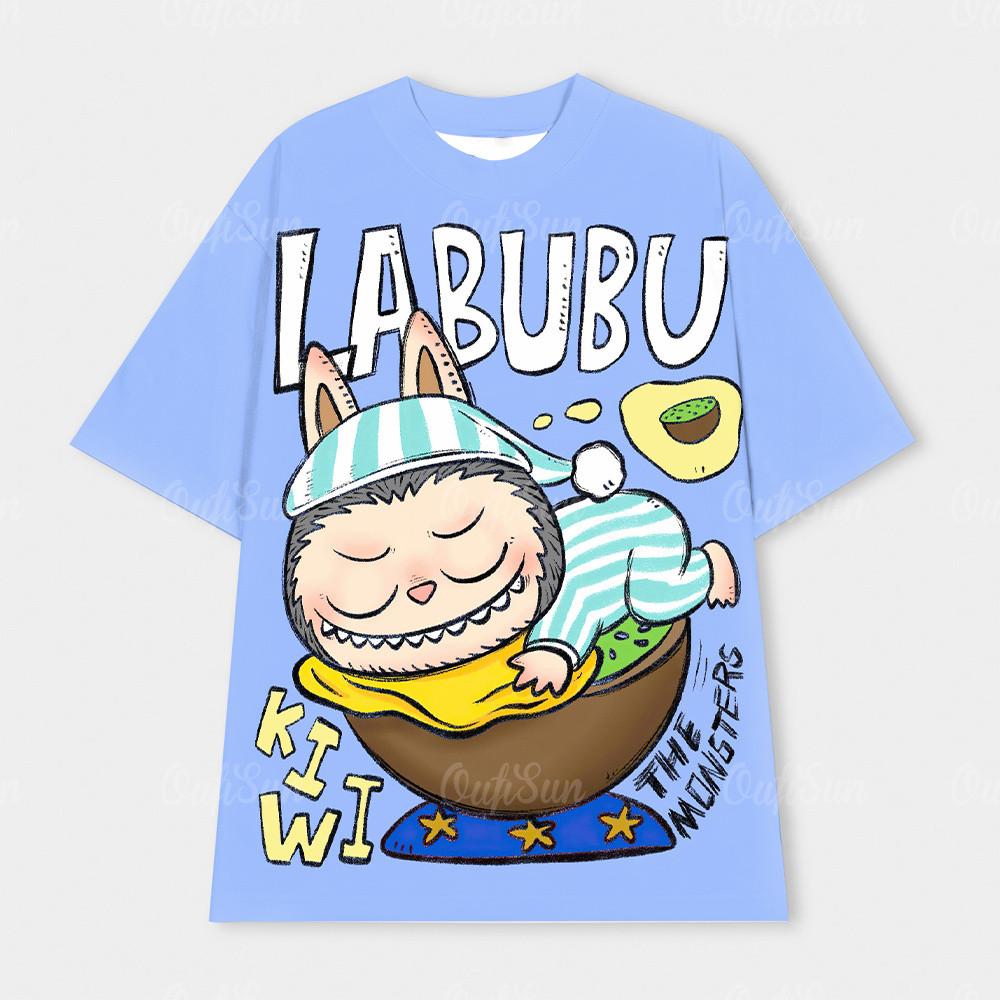 LABUBU мультфильм аниме пара универсальная футболка с короткими рукавами повседневная хип-хоп уличная спортивная быстрая езда унисекс футболка топ XS чёрный