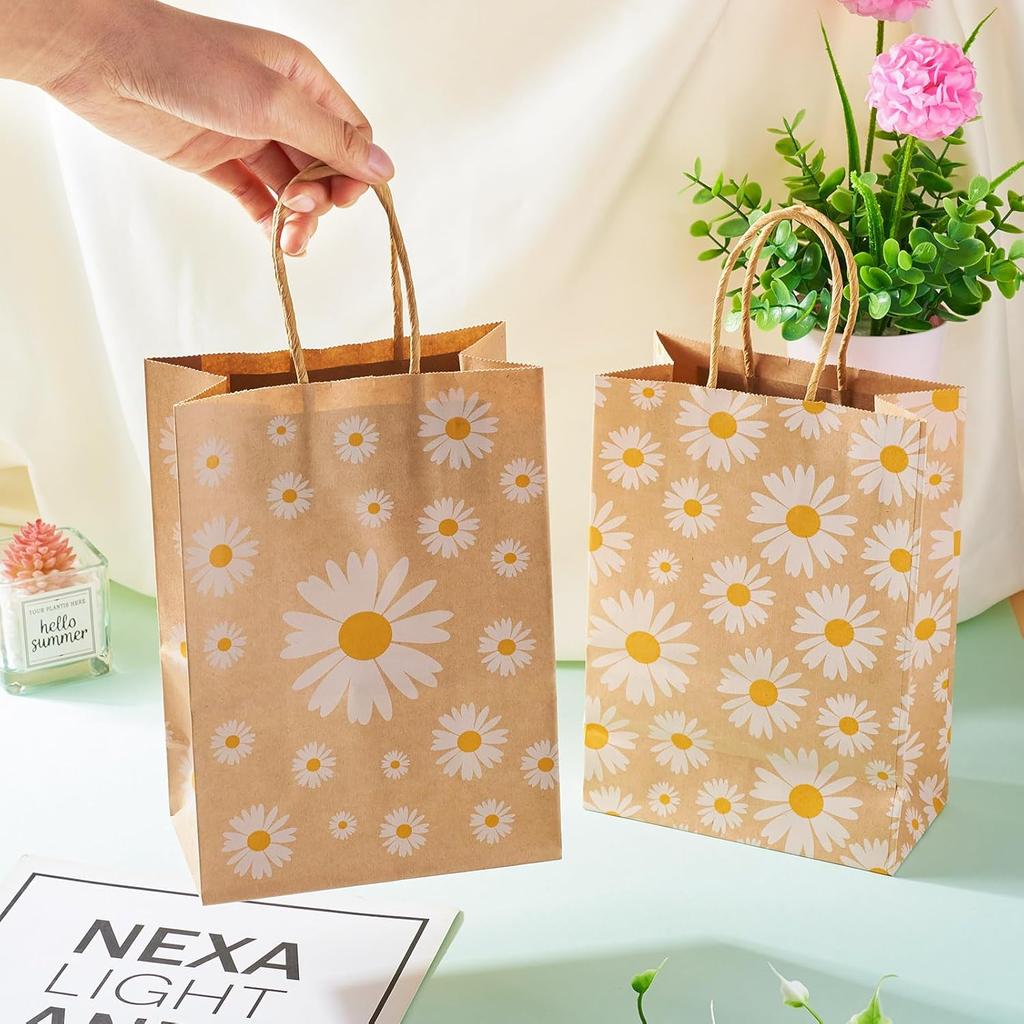 Cheriswelry 12Pcs Kraft Paper Bags Daisy Flower Paper Gift Bags Brown Shopping Bags with Handles 20.1x14.8x0.2cm for Wedding Party Favors Packaging