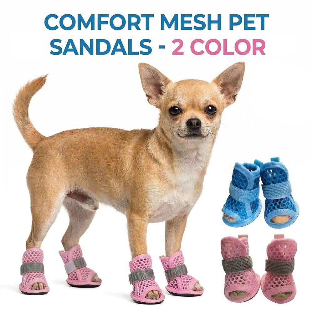 4Pcs Cute Mesh Dog Shoes Non-slip Soft-sole Pet Sandals Elastic Strap Breathable Cooling Dog Boots Summer