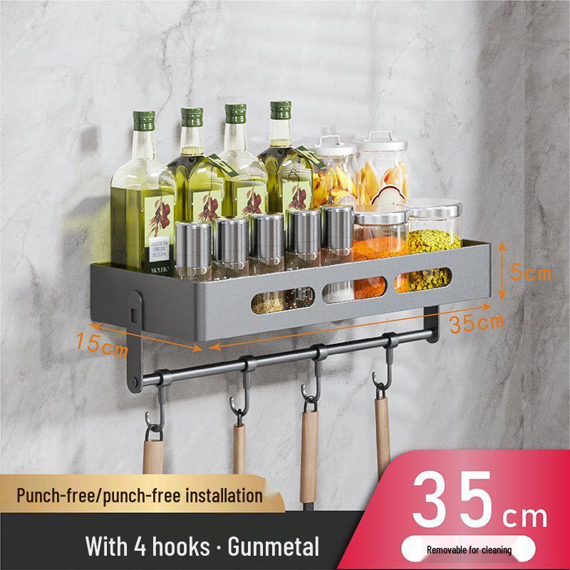Charlotte Gunmetal Grey Wall-Mounted Kitchen Storage Rack with Seasoning Jar Organizer, Punch-Free