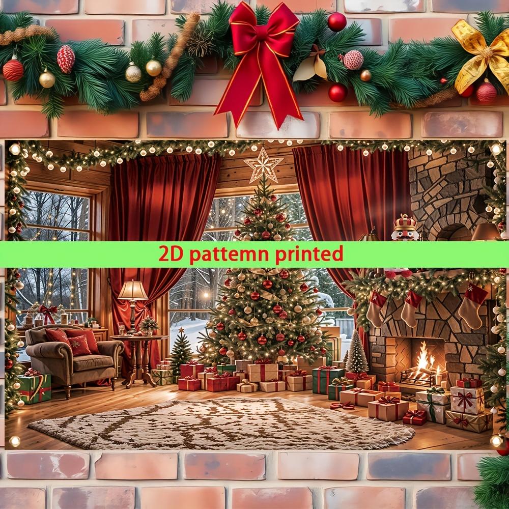 2D flat multi-functional Christmas background fabric with fireplace and tree design polyester material party background