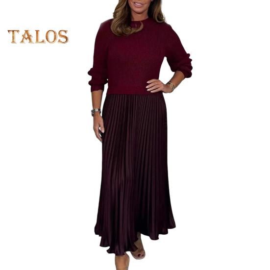 

Осенне-зимнее женское платье, имитация двухсекционного трикотажного свитера, плиссированная юбка, лоскутное платье с длинными рукавами и круглым вырезом, А-силуэт, макси-платье 2XL