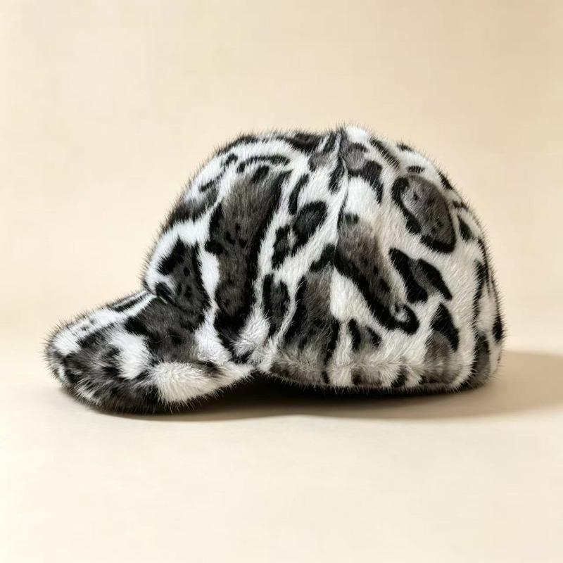Autumn Winter Faux Mink Fur Leopard Print Warm Adjustable Baseball Cap