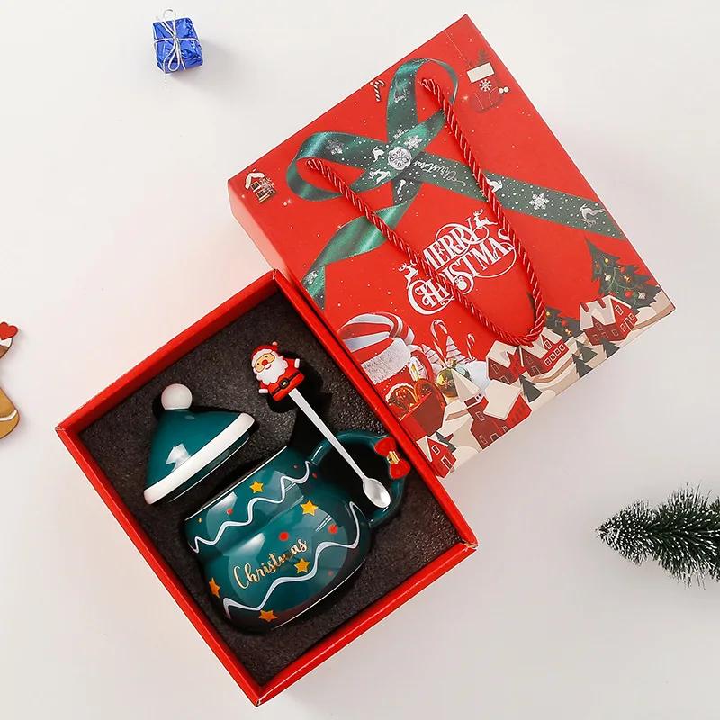 Weihnachtsbecher Neujahrsgeschenk-Dekorationsset Trinkgeschirr Partydekoration Kaffeetasse mit Deckel Löffel Cartoon Niedliche Keramiktasse Teetasse