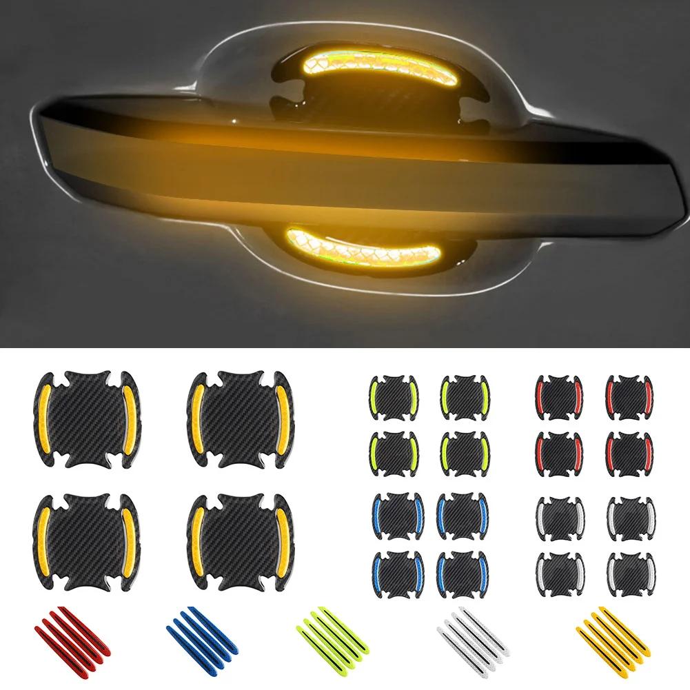 4 pezzi adesivi riflettenti 3D per auto in fibra di carbonio, strisce di avvertimento protettive per maniglie delle portiere, accessori esterni per auto