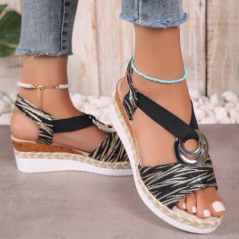 

Модные женские босоножки на танкетке 2025 Лето Босоножки на платформе со змеиным принтом Обувь гладиаторы Женские удобные повседневные босоножки на среднем высоком каблуке 36 чёрный