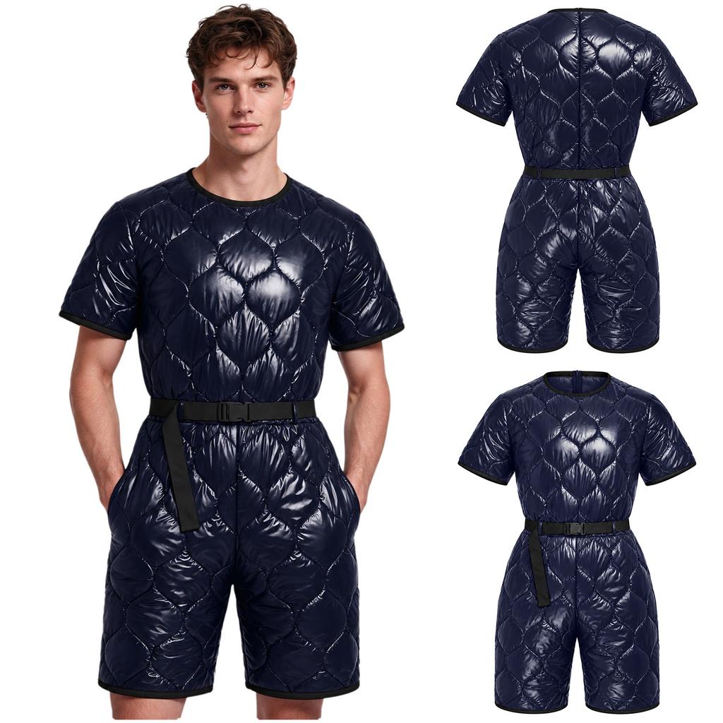 Men Short Sleeve Padded Jumpsuit Water Resistant Back Invisible Zipper Thigh Length Bodysuit with Pockets Adjustable Belt for Easy Dressing