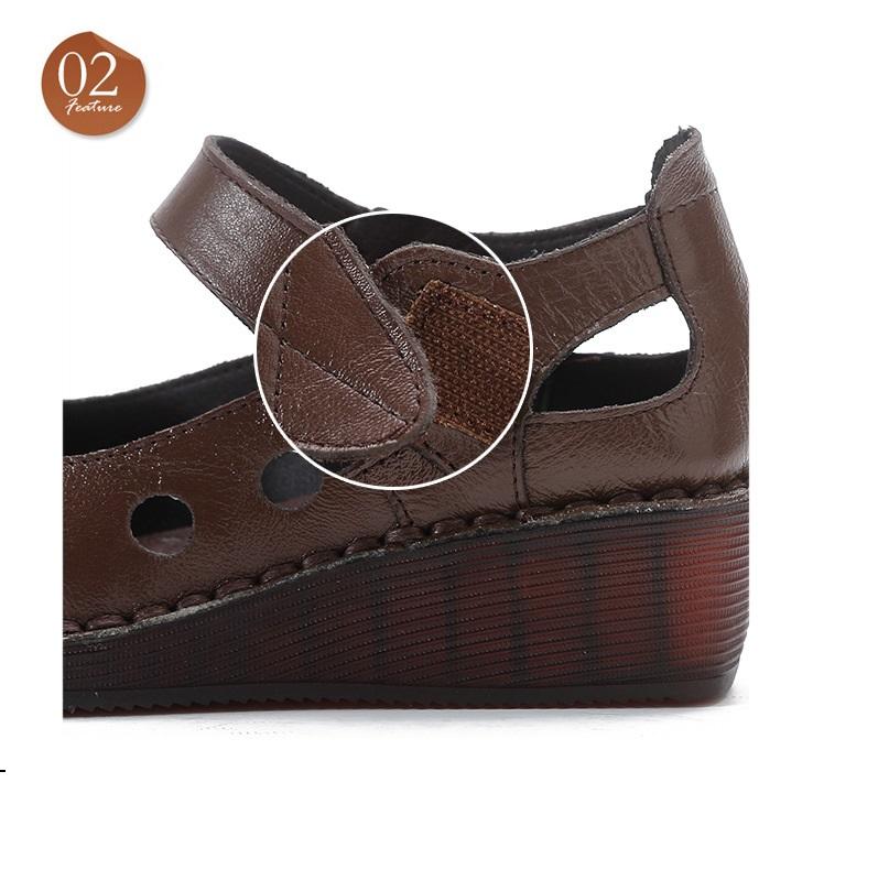 Women Orthotic Sandals Cowhide Leather Mary Jane Shoes Wedged Heel Orthopedic Closed Toe Sandals