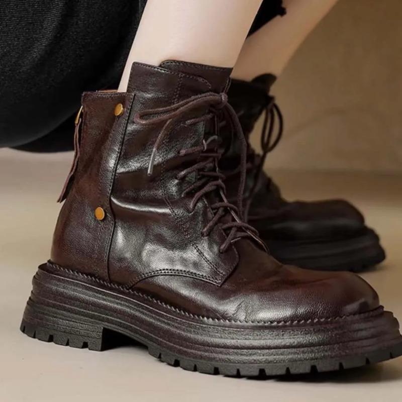Fashion 2025 New Lace up Women's Boots Spring Autumn Round Head Solid Color Middle Heel Waterproof Commuting British Boots