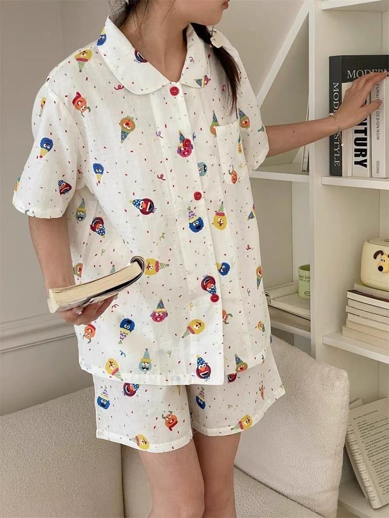 Sweet Full Print Sesame Street Pajamas Women's Summer Short-sleeved Shorts Cardigan Lapel Set Soft Cute Loungewear Two-piece Set