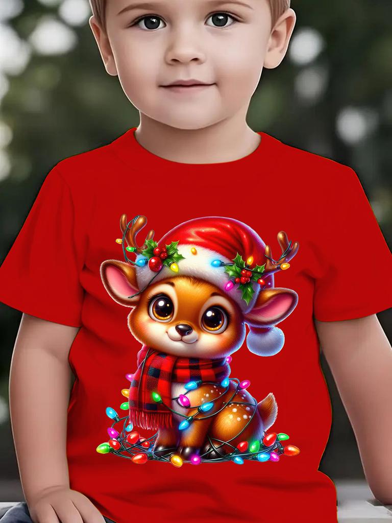 Kids Boys Girls Family Matching T Shirt Christmas Cute Reindeer Santa Hat Light Graphic Print Short Sleeve Crew Neck Tee Tops