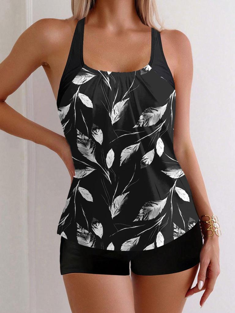 European & American Sleeveless Floral Tankini Set: Slimming Split Swimsuit with Flat Leg Shorts