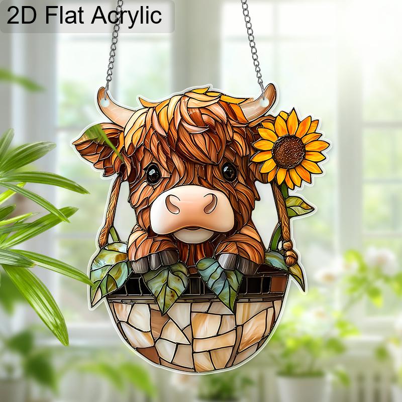 Acrylic Highland Cow with Sunflower Suncatcher Stained Glass Effect Window Hanging Ornament Farm Animal Lover Gifts