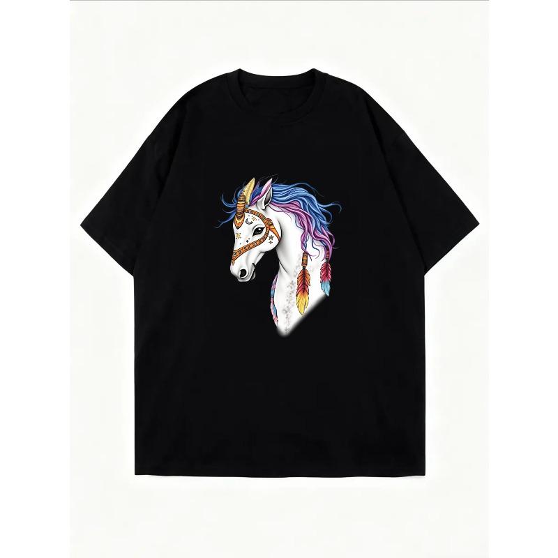Unicorn T Shirt White Colorful Unicorn With Feather Design For Casual Wear