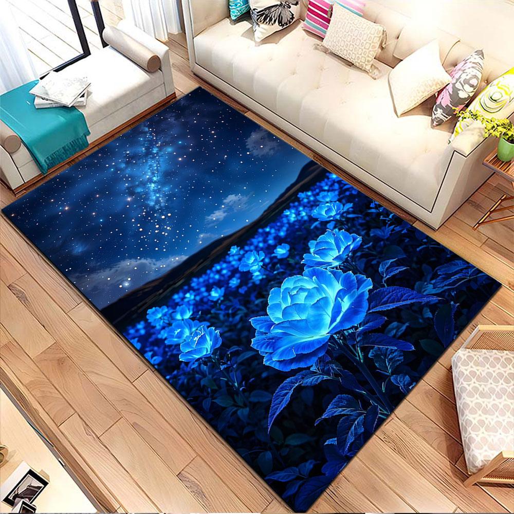 Starry Night Over Blue Roses Patterned carpet, non slip mat suitable for living room and bedroom sofas