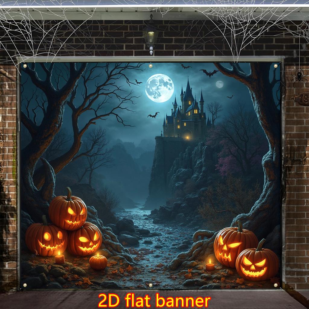 2D Flat Halloween Garage Door Decoration Background Banner Pumpkin Lantern Haunted Night scene.PMJ