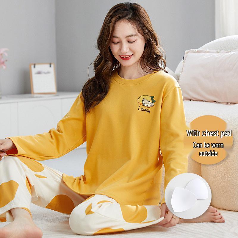2025 Women's Long Sleeve Cotton Pajamas with Cartoon Design & Breast Pads - Versatile for Home or Outdoor Wear In Spring, Autumn, and Winter.