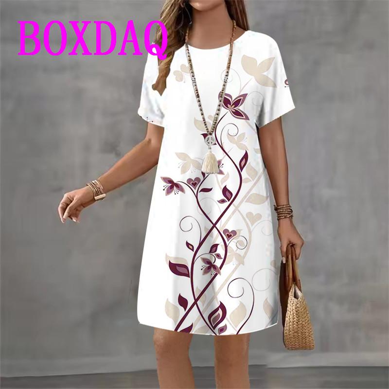 Vintage Floral Printed Women's Dress Short Sleeve O-Neck Loose Casual A-Line Dress Retro Women Summer Sundress