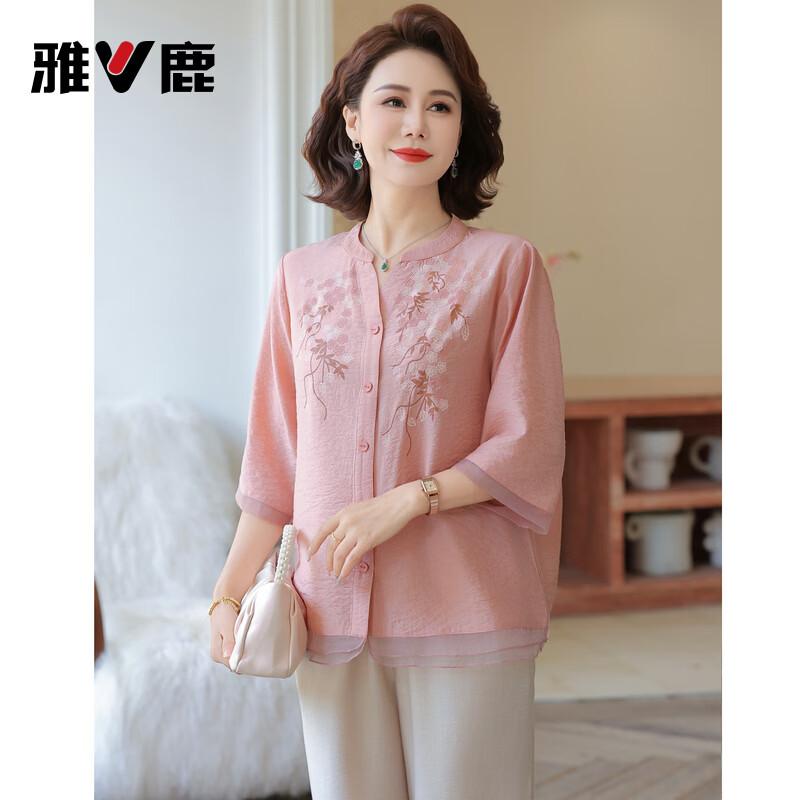 Middle-Aged Women s Embroidered Cotton Linen Mid-Sleeve Top Collection 3XL