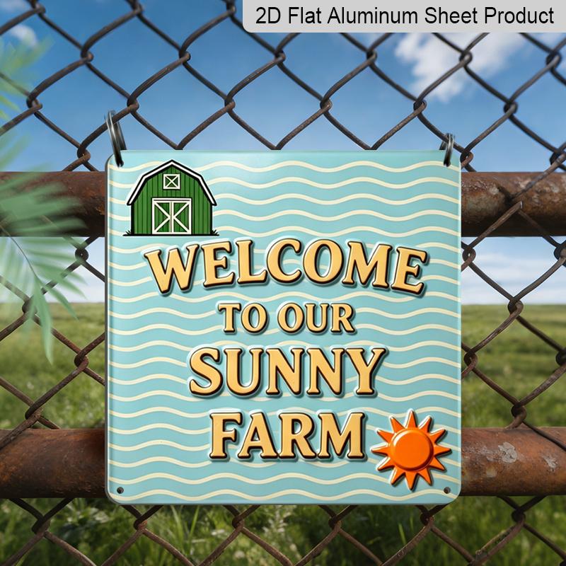 

2D Flat, 1pc Welcome To Our Sunny Farm Metal Sign - Rustic Farmhouse Wall Decor with Turquoise & Golden Barn Design, Chicken & Cow Icons - Durable 20*20cm