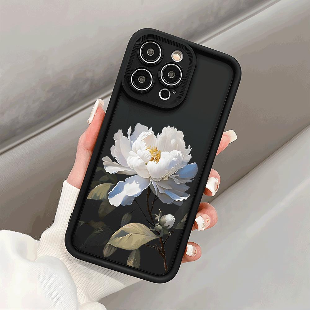 White Peony with Blue Accents Soft TPU Phone Case for iPhone 16 15 14 13 12 11 Pro Max Plus Shockproof Anti-Slip Cover
