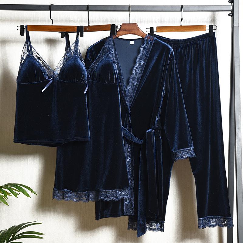 

Новая бархатная женская пижама из четырех предметов, комплект из осенне-зимней пижамы, халат, сексуальное кружевное нижнее белье, ночная рубашка, свободная домашняя одежда 2XL