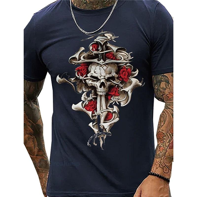 Men s Gothic Skull & Roses Graphic T-Shirt - Edgy Barbed Wire Anchor Tee Short Sleeve XL
