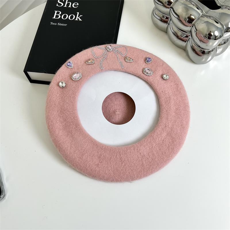 Sweet Girl Bow Beret Korean Style Big Head Woolen Hat Painter Hat Rhinestone Western-Style Fashion Octagonal Hat